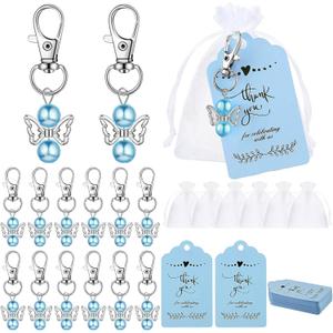 Hicarer 60 Sets Angel Keychains Baby Shower Favors 60 White Organza Gift Bags with Thank You Tags Angel Keychains for Guest (Blue)