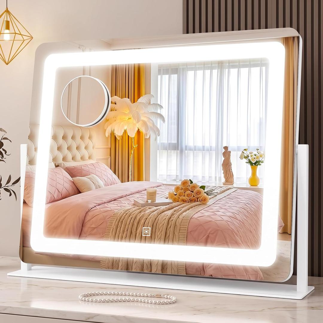 22"x17"Makeup Mirror with Lights LED Vanity Mirror 3Color Dimmable| White | Large Vanity Mirror with Lights, LED Lighted Makeup Mirror, Smart Touch Control, 360 Rotation, for Vanity Tabletop, Bedroom