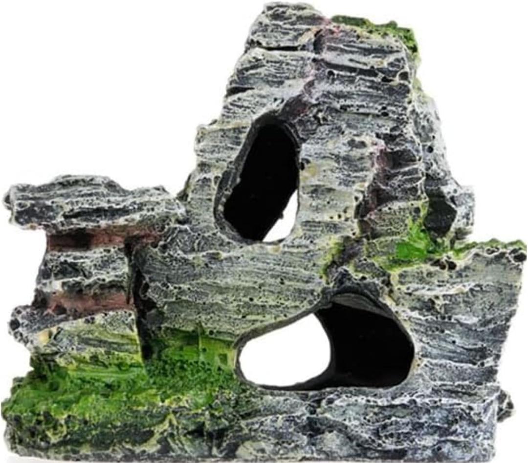 Resin Aquarium Mountain Decor with Moss Rock Cave - Multi-Level Terrain for Fish Tank Landscaping, Natural-Looking Rockery Design with Hidden Cave and Crevices for Shrimp, Reptile Habitat Aquascaping
