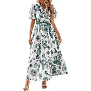 KIRUNDO Women Spring Summer Wedding Guest Boho Floral Maxi Dress Puff Sleeve Button Shirt V Neck Flowy Beach Vacation Dress (S)