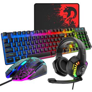 Wired Gaming Keyboard and Mouse Headset Combo,Rainbow LED Backlit Wired Keyboard,Over Ear Headphone with Mic,Rainbow Backlit Gaming Mice,Mouse Pad,for PC,Laptop,Mac,PS4,Xbox(Black)