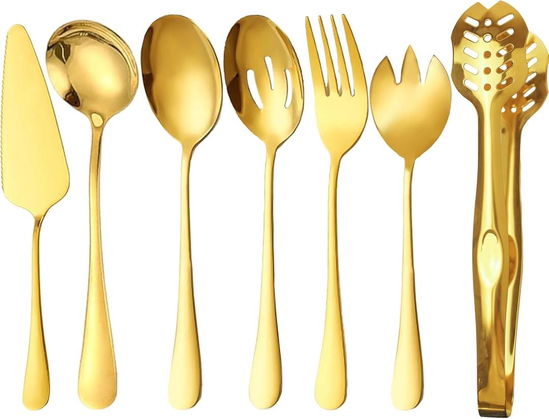Golden Flatware 7 Piece Stainless Steel Set Includes Serving Spoons, Slotted Serving Spoon, Serving Tongs, Serving Fork, Salad Fork, Soup Ladle, Pie Server