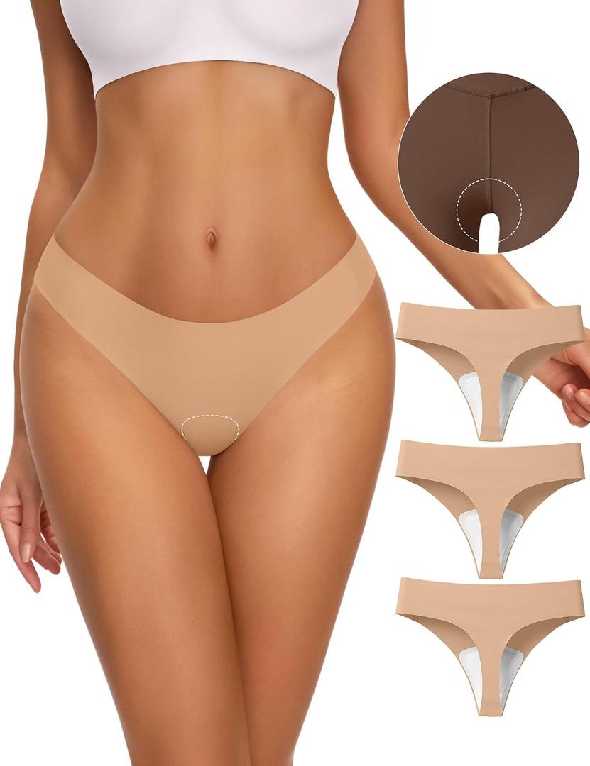 NIASOUL Thongs for Women Seamless Thong Panty Liners No Show Breathable G-Strings Workout Underwear, 3p-skin, X-Small