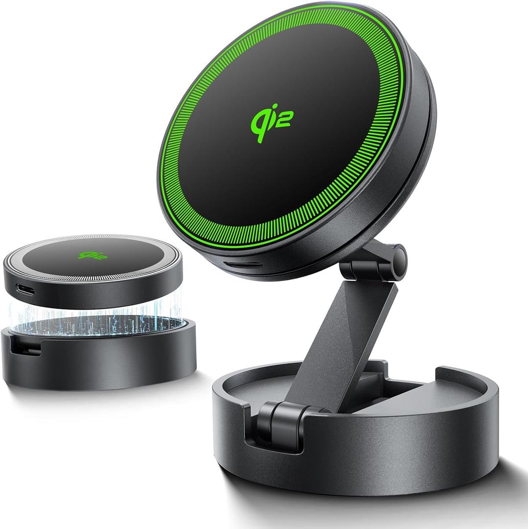 THREEKEY Qi2 Certified MagSafe Car Mount Charger Lite,Car Wireless Charger,15W Magnetic Charger Fast Charging,Retractable Phone Holder with 360Rotation,Car Mount for iPhone17-12&Galaxy S25 Ultra (Black)