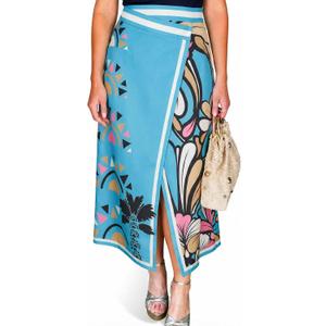 Tankaneo Women Floral Wrap Maxi Skirt Boho Elastic High Waisted Zipper Split A Line Flower Midi Skirts (Blue, S)