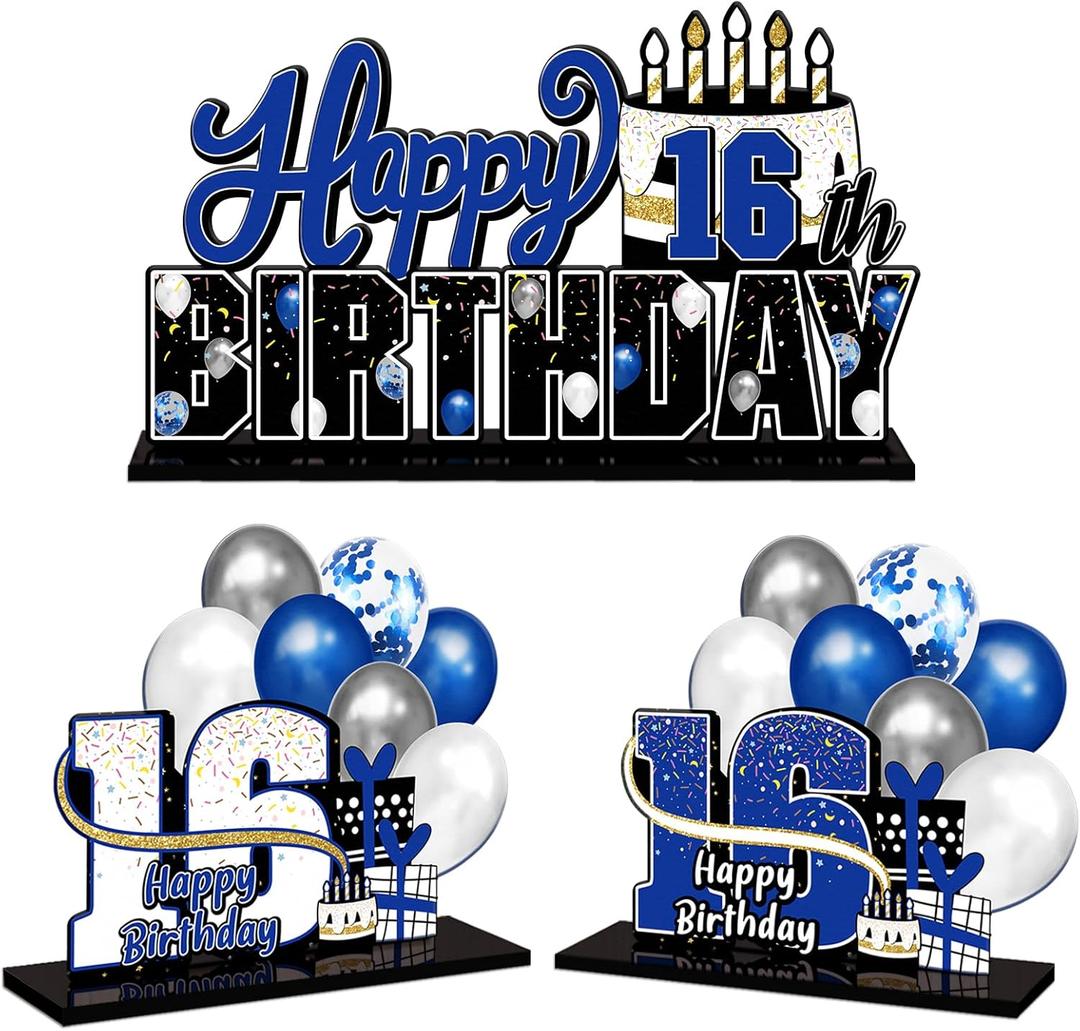 Happy 16th Birthday Blue Acrylic Table Topper Centerpieces Set - Cheers to Sixteen Years Old Birthday 16th Bday Party Gift Decorations.