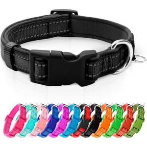 azuza Reflective Dog Collar, Soft Neoprene Padded Pet Collar with ID Tag Ring, Adjustable for Puppy and Small Dogs, Black, XS