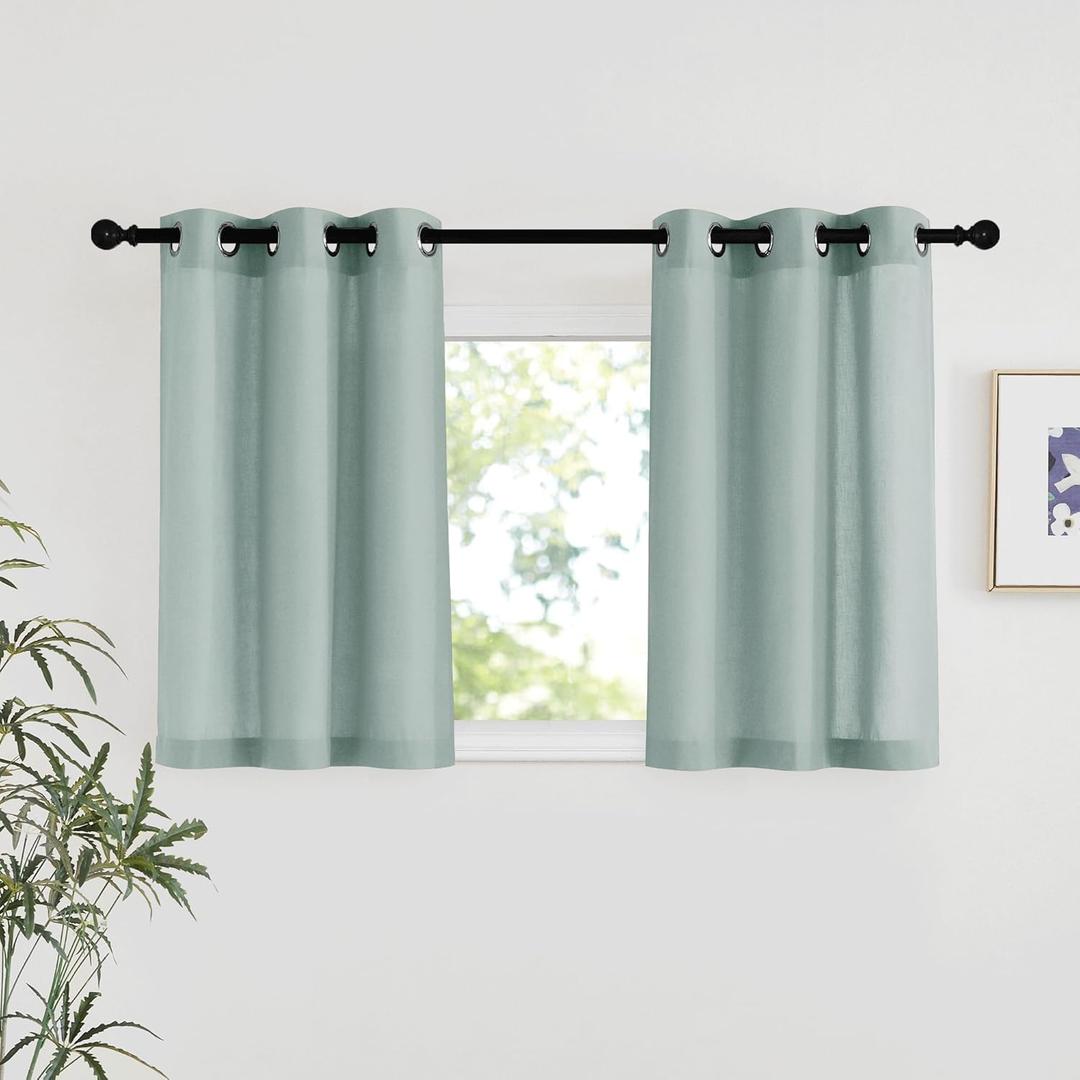 NICETOWN Sage Green Short Linen Curtains for Kitchen, Thick Flax Small Window Treatments Semi Sheer Privacy Assured with Light Through for Cafe/Bathroom, W42 x L48, 2 Panels