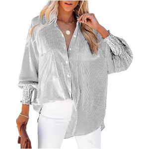 Women's Smocked Cuffed Striped Boyfriend Shirts Button Down Casual Collar Long Sleeve Blouse Shirt Tops (Blue, XXL)