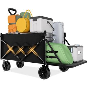 Favoyard Collapsible Wagon Carts with Extended Tailgate, Foldable 130L & 330LBS Portable Folding Wagons with All - Terrain Wheels & Drink Holders for Shopping, Garden, Camping & Beach, Black