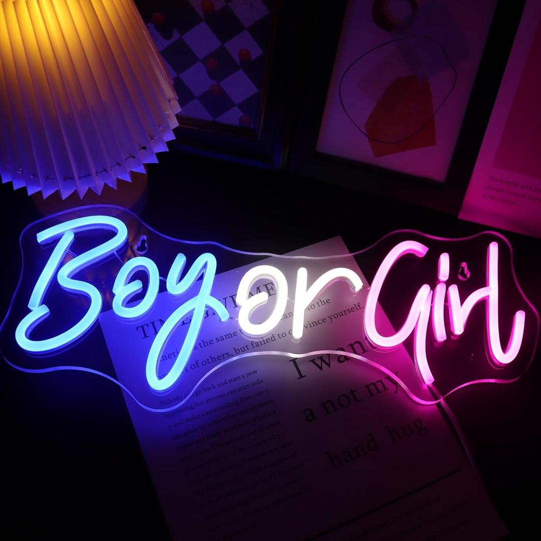 Nordstylee Led "Boy or Girl" Neon Signs Gender Reveal Party Decorations Neon Letters Signs Pregnancy Announcement Party Supplies Baby Shower Yard Signs (Blue/Pink)