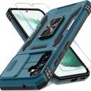 DEERLAMN Case for Samsung Galaxy S23 FE 6.4-Inch with Slide Camera Cover+Screen Protector(1 Pack),Rotated Ring Kickstand Military Grade Shockproof Protective Cover-Light Blue