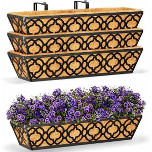 24 Inch Railing Planter Box with Coco Liner, Adjustable Metal Hanging Planter, Window Box for Balcony Deck Fence, Outdoor Flower Box Black, 4 Pack