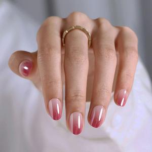 Chrome Press on Nails Oval - GJZEZ Soft Gel Pink to Red Ombre Glazed Donut Fake Nails with Glue Gifts for Women Romantic Glossy Gradient Reusable False Faux Nail | 16 Sizes, 32 pcs, Blush Ombre