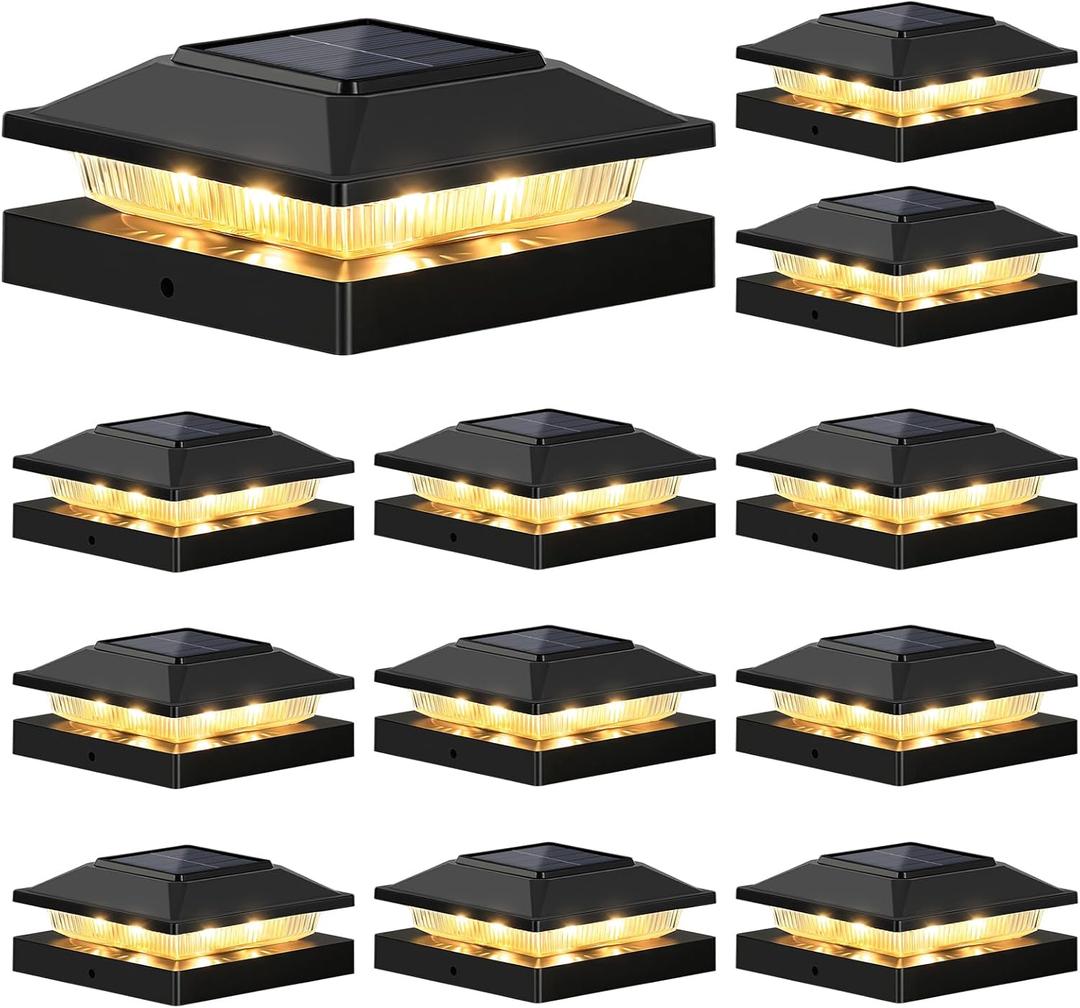 Brightever 4x4 3.5x3.5 Solar Post Cap Lights 12-Pack, Outdoor Solar Powered Fence Post Lights, Black Solar Waterproof Deck Post Lights for Vinyl/Wood Posts, Warm/Cool White, Perfect for Garden Patio