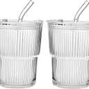 13oz/400ML Glass Tumbler with Straw and Lid Ribbed Vertical Ice Coffee Cups Sealed Carry on for Coffee Iced Tea, Thick Wall Glassware Tumbler Water Glass (2Pcs) (Clear)