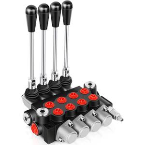 Hydraulic Flow Control Valve 4 Spool 11 GPM G Ports Adjustable Relief Lever Handle Double Acting Parallel Center Tractor Loader W/Joystick Small Tractors/Tanks Loaders Log Splitters 3600 PSI