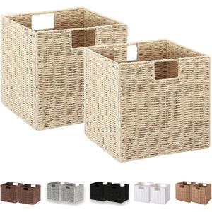 Vagusicc Wicker Storage Basket, Set of 2 Hand-Woven Paper Rope Storage Baskets, Foldable Cube Storage Organizer Bins, 11 Inch Wicker Storage Baskets for Shelves and Decor, Square Storage Basket, Beige
