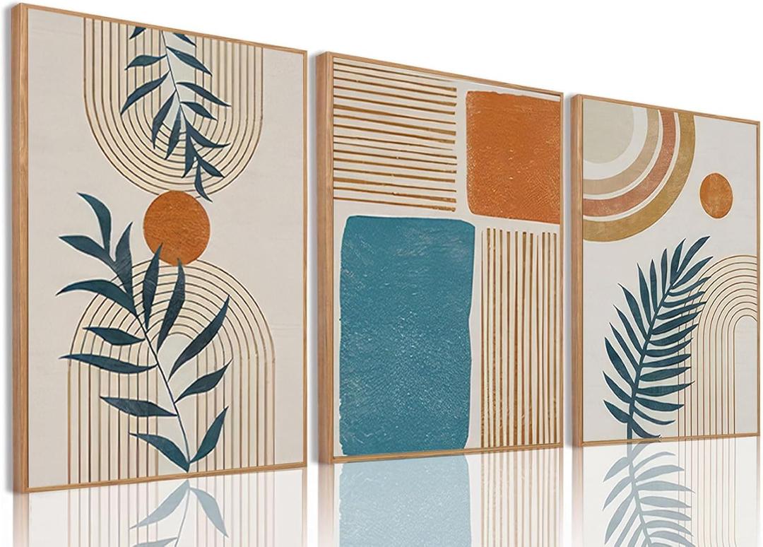 Boho Abstract Botanical Framed Canvas Wall Art Set of 3, 16x24 inch, 16"x24"Natural