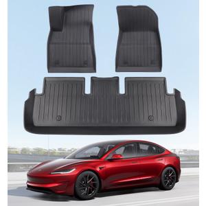 2025 New Version Floor Mats for Tesla Model 3 Highland - Custom Fit All Weather TPE Front & Rear Row Mats, 3-Piece