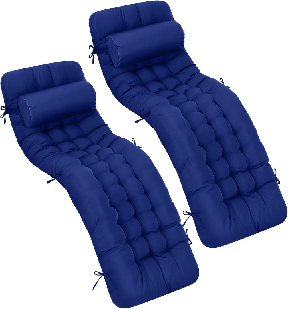 Tudomro 66'' Outdoor Chaise Lounge Cushion Waterproof Patio Pool Chaise Lounge Cushion with Headrest Pillow Tie Fade Resistant Replacement Longue Rocking High Back Chair(Blue,2 Pcs), about 66 x 20.9 x 3.9 inches