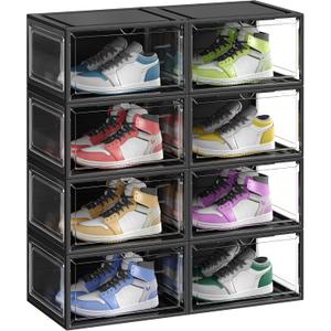 SONGMICS Shoe Boxes Set of 8, Stackable Shoe Organizers with Doors, 13 x 11.2 x 7.6 Inches, Fits Shoes up to US Size 12, Black and Transparent White ULSP508B01