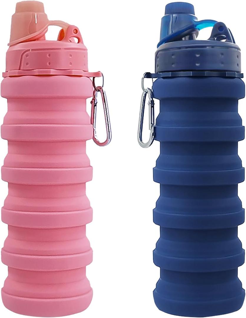 Collapsible Water Bottles Travel water bottle Sports Portable Sport Water Bottle Reusable Water Bottles comes with mountaineering Buckle 500ml silicone Water-proof camping water bottle (Dark Blue+Pink)