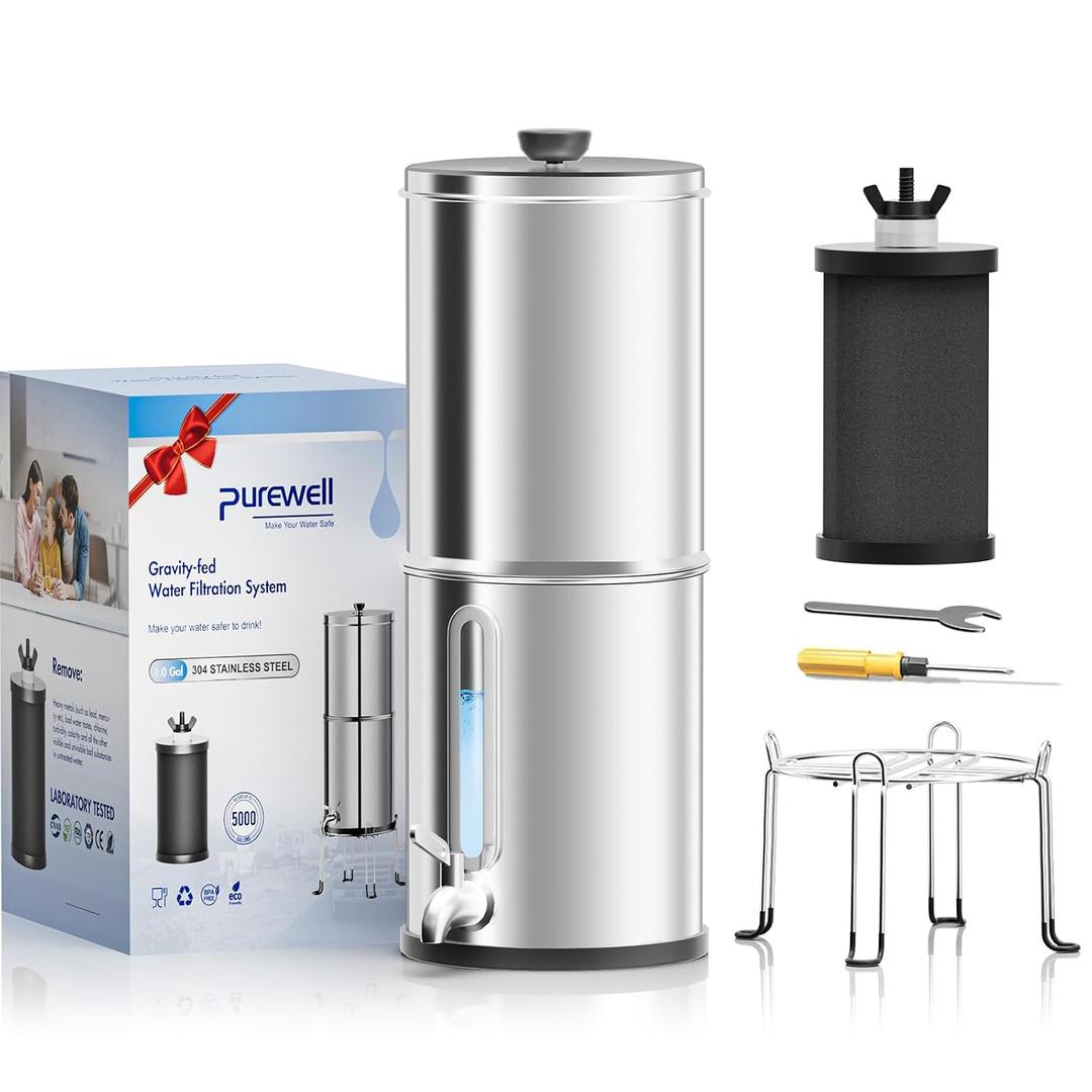 Purewell 1.0 Gallon Portable Gravity Water Filter System, 3-Stage 0.01m Ultra-Filtration Countertop System with Water Level Window and Stand, Reduce 99% Chlorine, for Camping, RVing, Home (PW-1G-K)