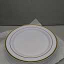 Prestee 50-Piece Disposable Plates Set - White with Gold Rimmed Plastic Plate for Parties, Holidays, Weddings - Includes 25 Dinner Plates and 25 Small Salad Platter - Ideal Thanksgiving Plate, 10x7 Inch