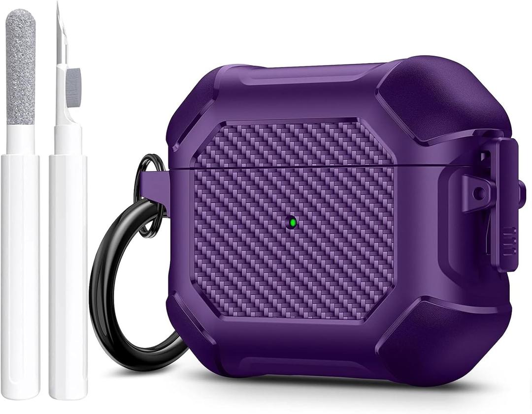 Maxjoy for Airpods 3rd Generation Case, Carbon Fiber Secure Lock Clip Full Body Shockproof Hard Shell Protective Apple for Airpods 3 Case Cover with Keychain for AirPod 3rd Gen 2021 for Men, Purple
