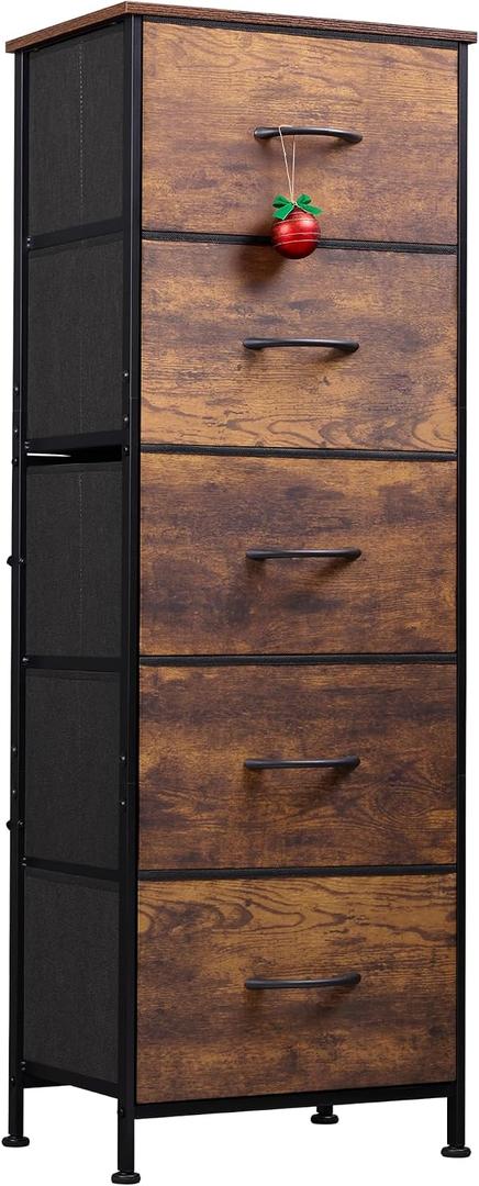 WLIVE Fabric Dresser for Bedroom, 5-Drawer Tall Dressers, Storage Organizer with Fabric Bins, Wood Top, Sturdy Steel Frame, Chest of Drawers for Closet, Hallway, Rustic Brown Wood Grain Print, 11.8"D x 15.7"W x 47.5"H