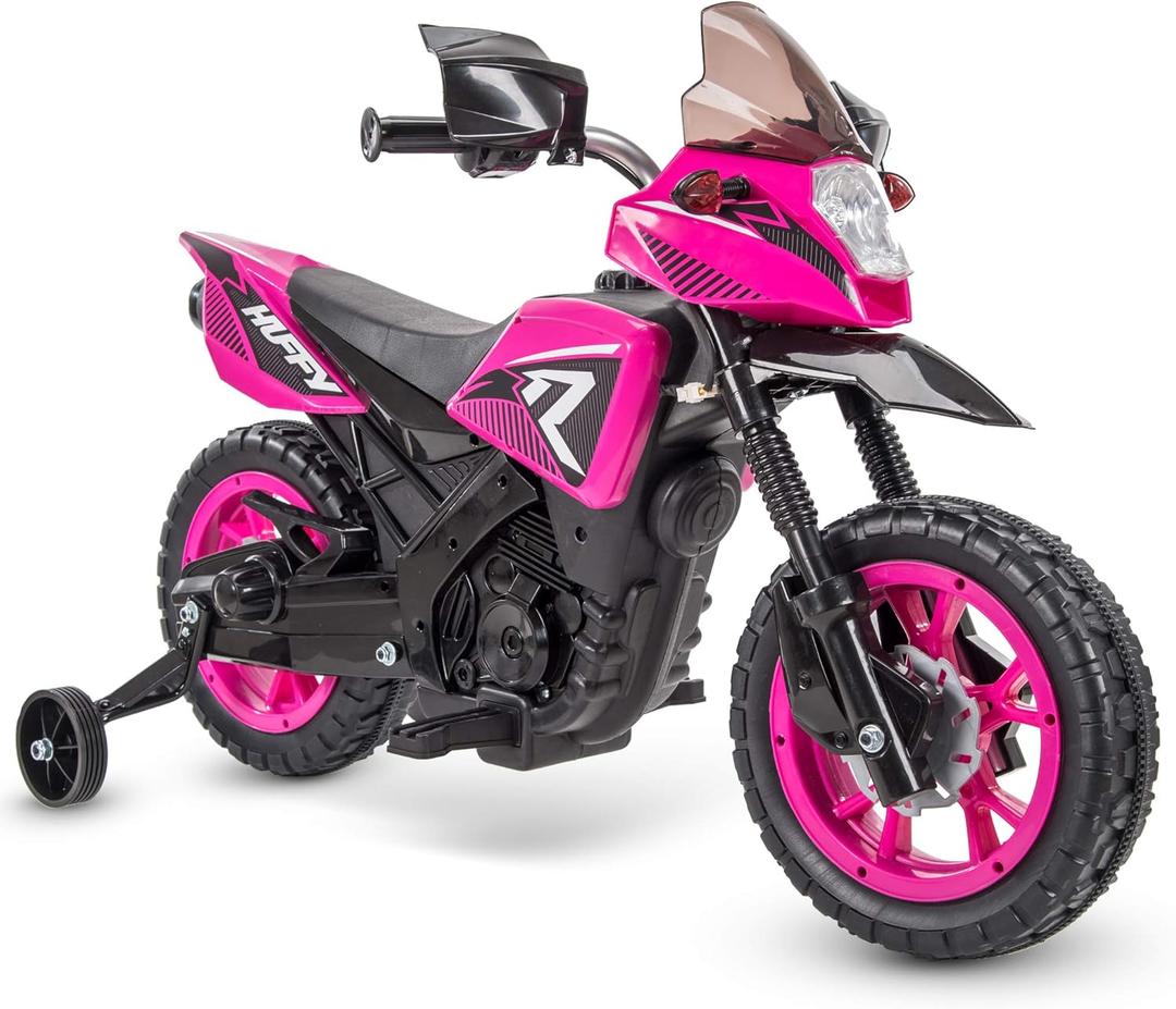 Huffy Ride on Motorcycle for Kids, Ideal for Ages 3-7 Years Old, 6V Ride On Motorcycle, Training Wheels, Realistic Engine Sounds, Simple Wall Charger, Max Weight 65lbs, 2 MPH, Pink
