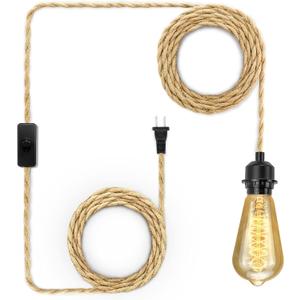 Plug in Pendant Light Cord, Farmhouse Hanging Lights with Plug in Cord, 15FT Hemp Rope Plugin Hanging Light Cord Kit with On/Off Switch, E26 E27 Light SocketCord, Bulb NOT Included