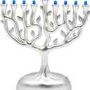 Silver Matte Small Electric Menorah, Tree of Life Design Hanukkah Menorah, LED, Travel, Light It Anywhere! Batteries or USB Powered, Micro USB 4 Inch Cable Included, Measures 6 Inches Tall