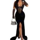 Jigfar Women's Sexy Elegant Rhinestone Mesh See Through Sleeveless Split Bodycon Maxi Dress (F6801, Black, XXL)