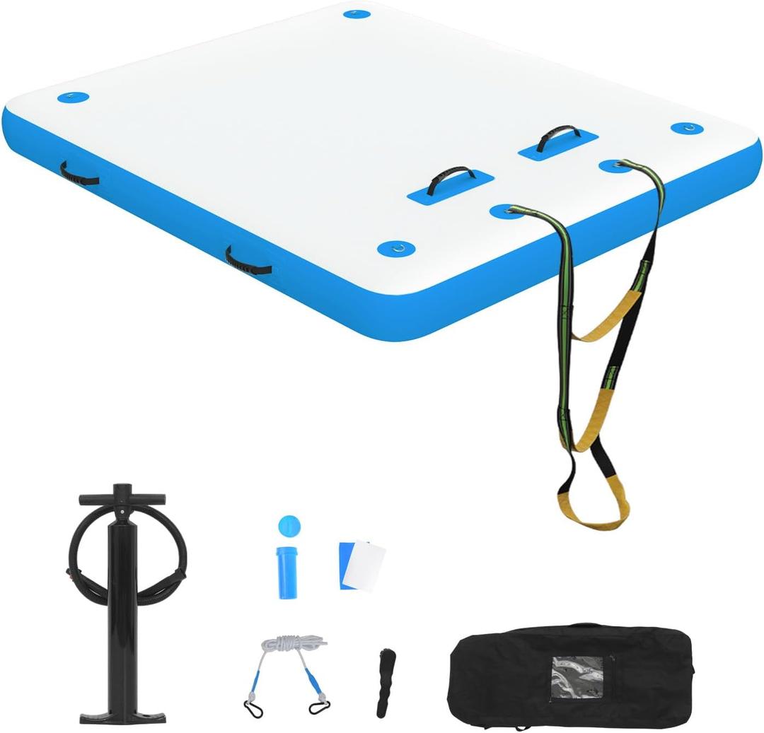 Inflatable Floating Dock Swim Air Platform, 6ft/8ft Inflatable Air Dock Platform Floating Island Raft with Non-Slip Surface, Island Raft Mat for Pool Beach Ocean (6*5.3ft Blue)