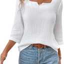 MakeMeChic Women's Notched 3/4 Sleeve Blouses Textured Casual Blouse Shirt Top.M, White