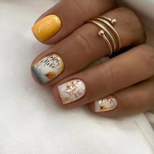 Fall Press on Nails Short Square Fake Nails Full Cover Glossy Nail Acrylic Nails Falleen Leaves Stick on Nails Autumn Glue on Nails Cute Press on Nail for Women and Girls 24Pcs