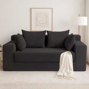 cidludto Convertible Sofa Bed, Boneless Loveseat Folding Couch Bed Foldable - 3 in 1 Small Ccouch & Futon Sofa Sleeper, Corduroy Pull Out Couch with 4 Pillows for Living Room, Black, Loveseat-53''