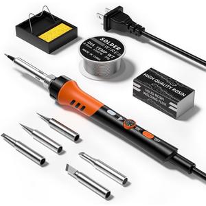 60W Adjustable Temperature Soldering Iron Kit - 9-in-1 With 5 Tips, Solder Wire Stand for Soldering and Repair (Orange)