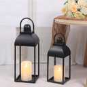 Lanterns Decorative Outdoor Indoor, Black Metal Outdoor Lanterns, 17'' 13'' Set of 2 Modern Farmhouse Candle Lantern Halloween Lanterns Centerpieces for Home, Wedding, Patio, Porch, Mantel