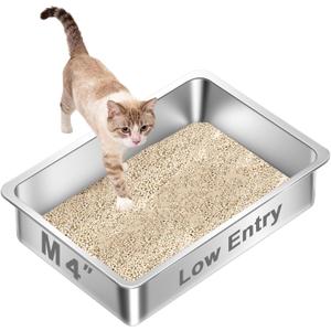 Low Entry Stainless Steel Litter Box for Kitten, Small Shallow Metal Litter Pan Tray for Rabbits Hamsters, Easy to Clean Pet Bathroom Accessories-15.75''Lx 11.81'' W x4'' H