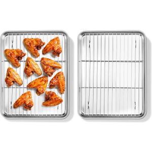 Homikit Quarter Sheet Pan with Rack Set (2 Sheets + 2 Racks), 9x13 Stainless Steel Baking Sheets with Cooling Racks Non Toxic, Metal Cookie Bacon Tray for Toaster Oven Baking Cooking, Dishwasher Safe (12.4x9.6x1)