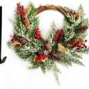 Artificial Christmas Door Wreath, Christmas Wreaths for Front Door, Window Wreaths with Pine Cone, Red Berries, Burlap Ribbon & Snowflake, Holiday Indoor/Outdoor Wreath Decorations, 23 inch