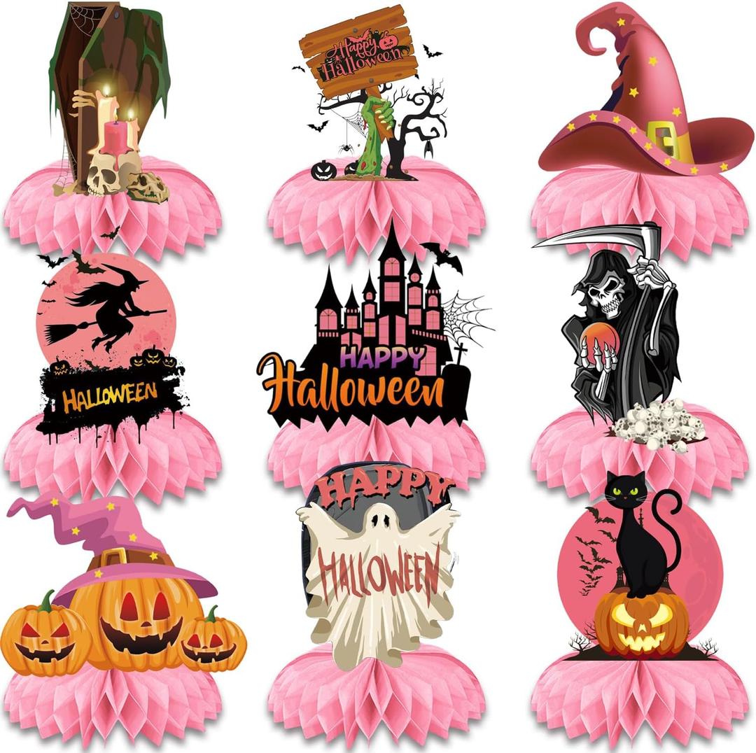 9pcs Halloween Honeycomb Table Centerpiece Decoration Halloween Party Decoration Pink Ghost Witch Honeycomb Ornaments Gathering Table Decoration for Girls