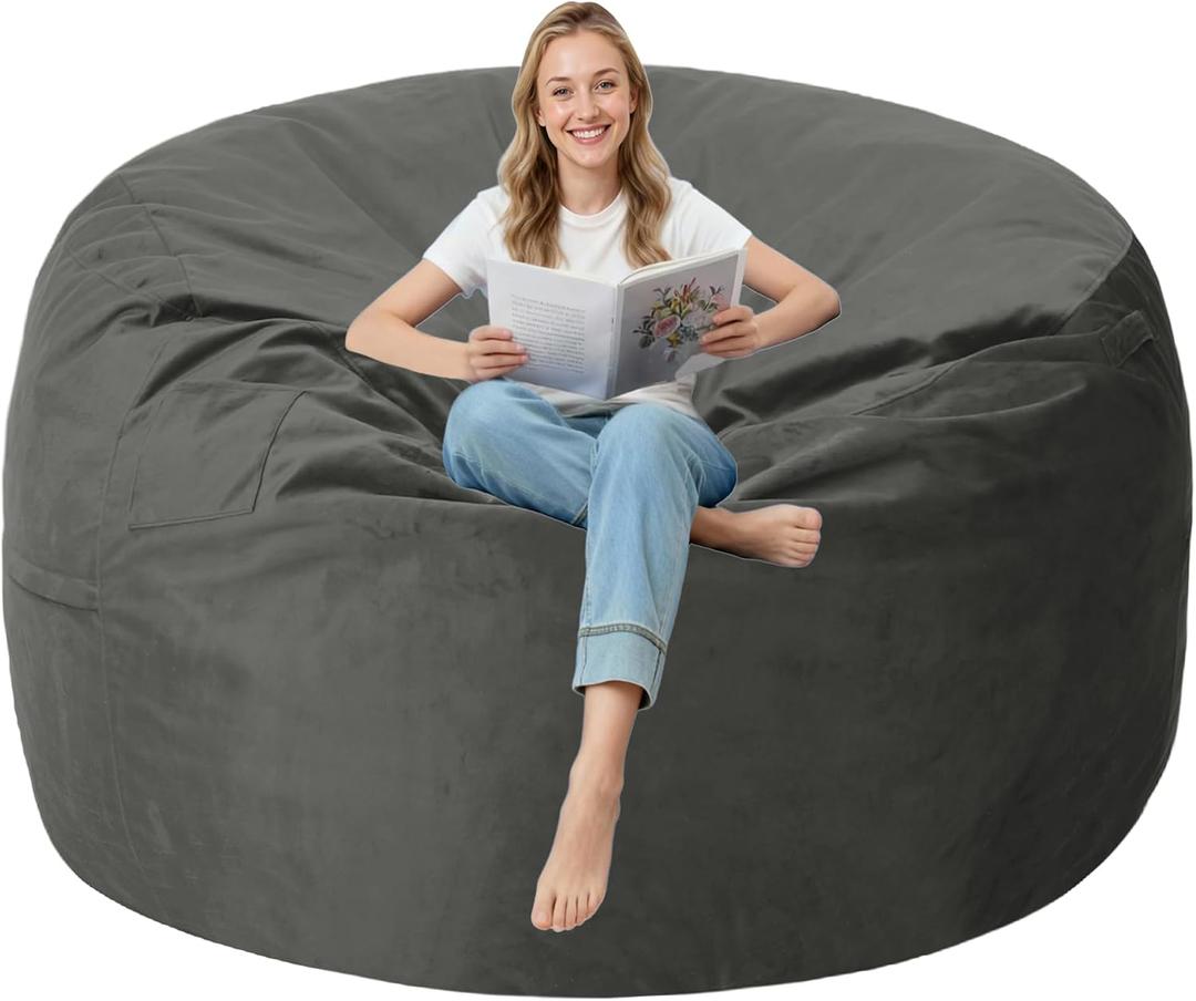 5FT Bean Bag Chair with Ultra Soft Velvet Cover Bean Bag Sofa with Memory Foam Bean Bag Chairs with Large Size Lazy Sofa for Dorm Office Living Room Bedroom Grey 5', 5ft-50" X 50" X 24"