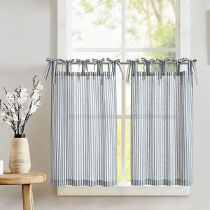 jinchan Tie Top Linen Kitchen Curtains 36 Inches Striped Tier Curtains Farmhouse Modern Cafe Style Small Window Treatments Airy Light Filtering Rod Pocket for Living Room Bathroom 2 Panels Blue