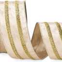 Ribbli Light Champagne Velvet Wired Ribbon with Gold Sparkling Stripe 2.5 Inch Christmas Ribbon for Tree Gift Wrapping Wreaths Garland Topper Bows Crafts Home Decor -10 Yards