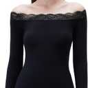 SUUKSESS Cloud Cashmere Women Lace Off Shoulder Long Sleeve Shirt Basic Knit Top (M, Black)