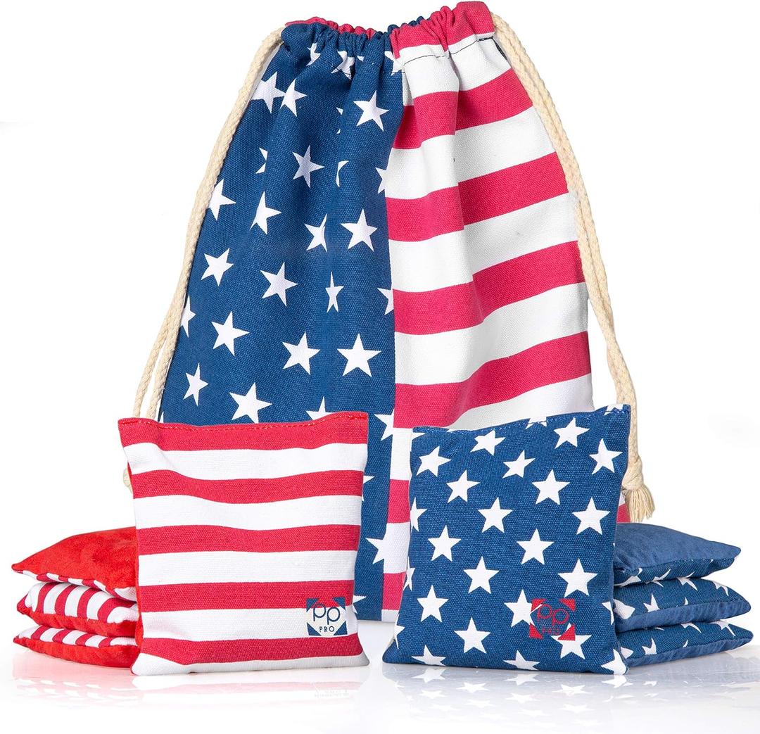Professional Cornhole Bags - Set of 8 Regulation All Weather Double Sided - Sticky Side/Slick Side Bean Bags for Pro Corn Hole Game (Stars & Stripes)